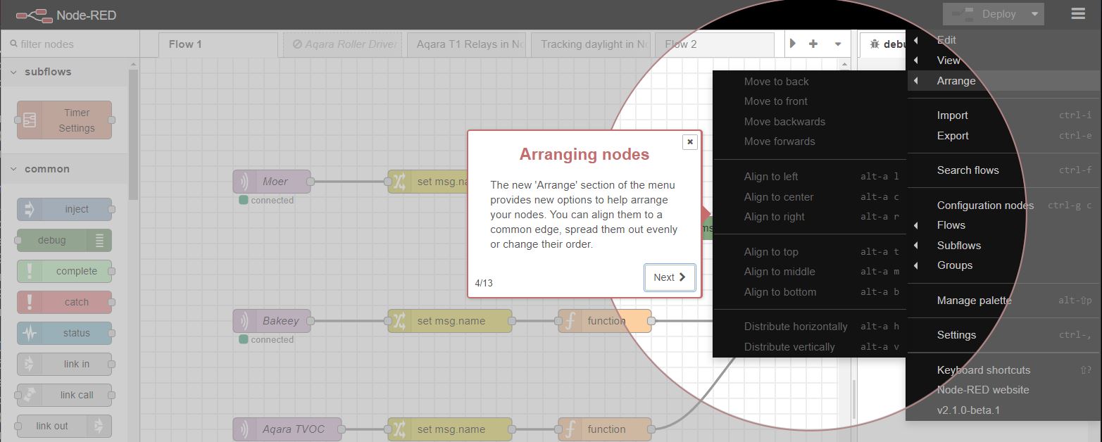 Arranging nodes in NodeRED